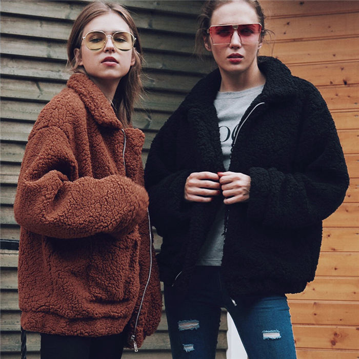Beakey Women's Lapel Zip Up Coat Faux Shearling Shaggy Oversized  Jacket Warm Winter-Dark Camel-T0647
