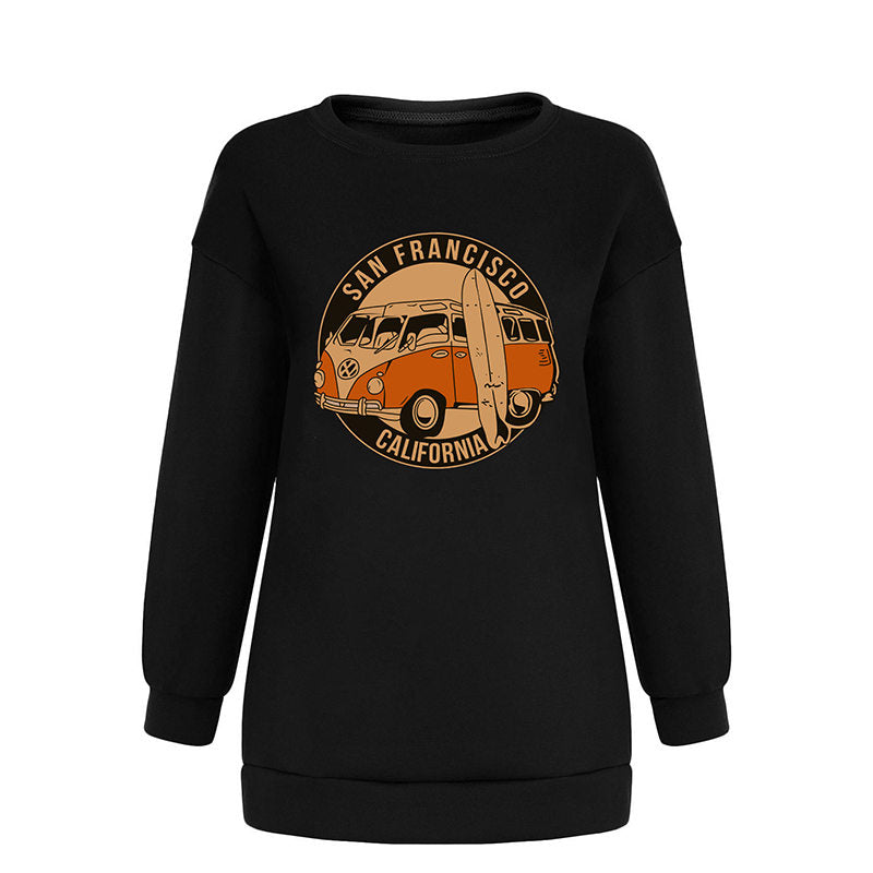 Beakey Vintage Sweatshirt for Women Bus Graphic Crewneck Fleece Pullover-Black