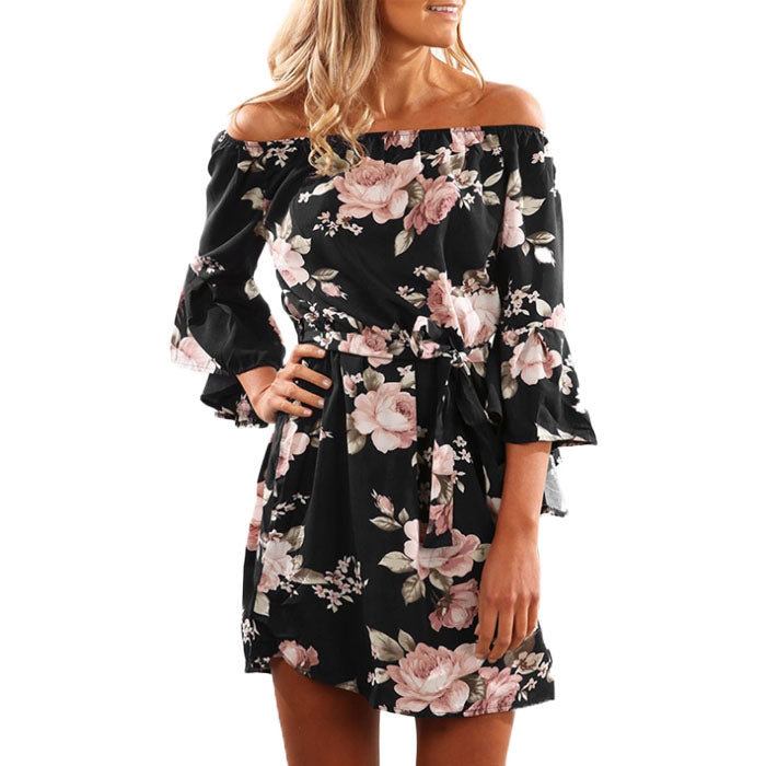Beakey Women Off Fashion Shoulder Ruffles Floral Tunic Casual Party Shift Short Dress-Black
