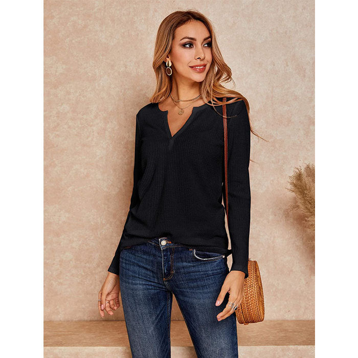 Beakey Womens V Neck Shirts Long Sleeve Waffle Knit Loose Fitting Warm Pullover Sweaters-Black-5888