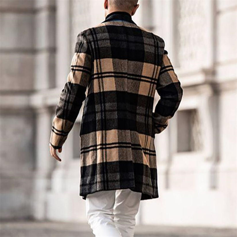 Beakey Single Breasted Coat for Men Plaid Notched Collar Mid Long Overcoat