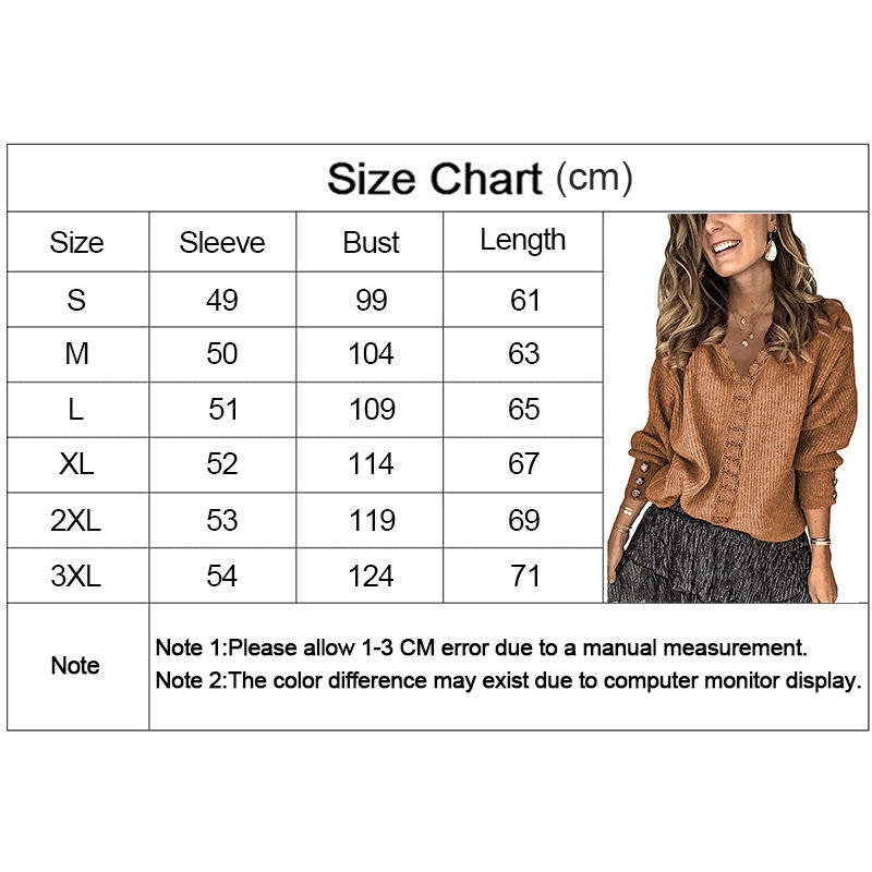 Beakey Womens Pullover Sweater Lace V Neck Long Sleeve Button Top-Brown