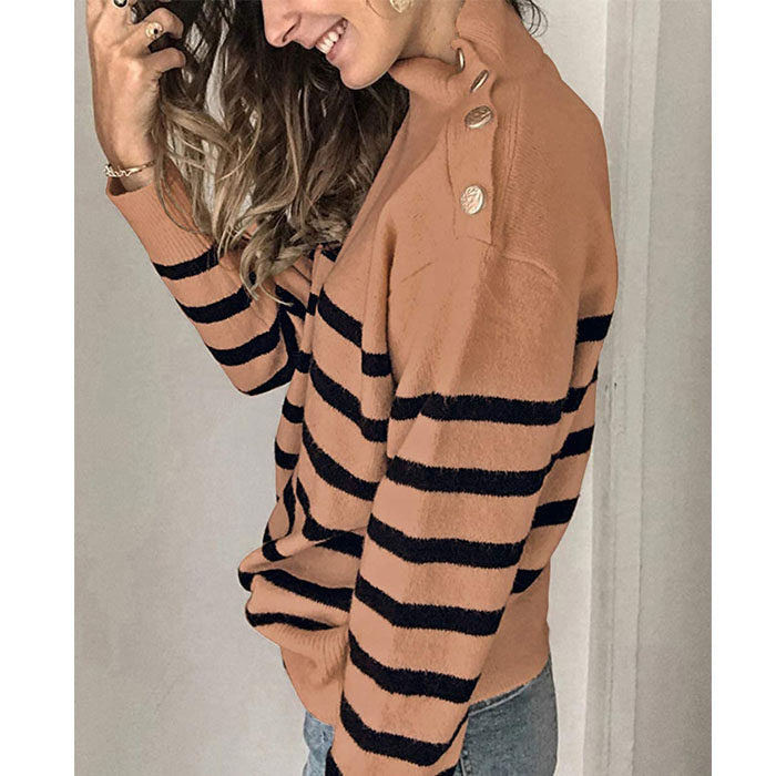 Beakey Women¡¯s Long Sleeves Knit Sweater Turtleneck Striped Loose Tops with Metal Button-Khaki-6222