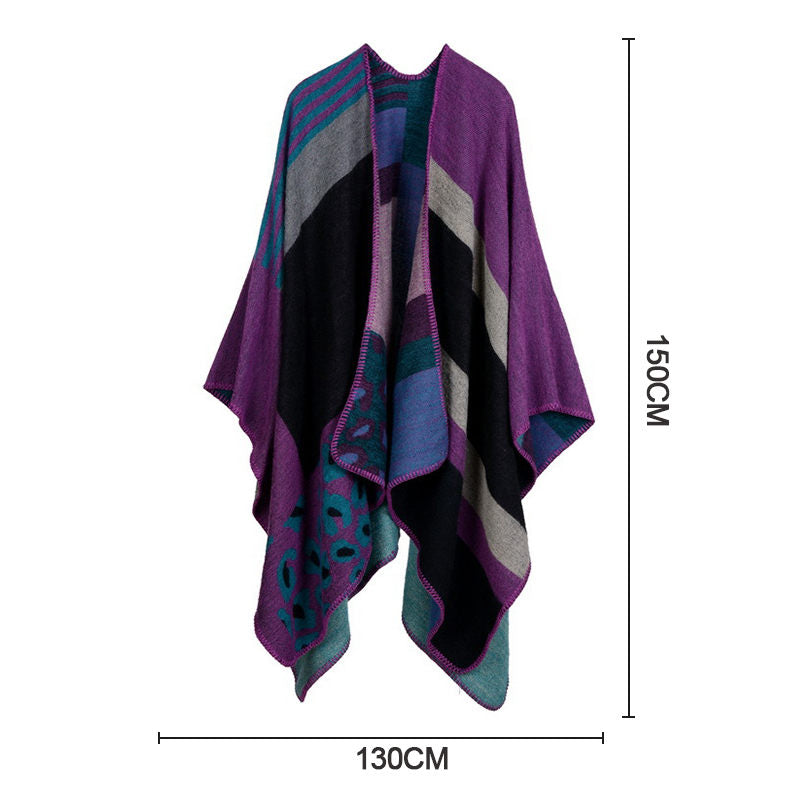 Beakey Womens Winter Reversible Oversized Blanket Cape Shawl-Leopard Purple