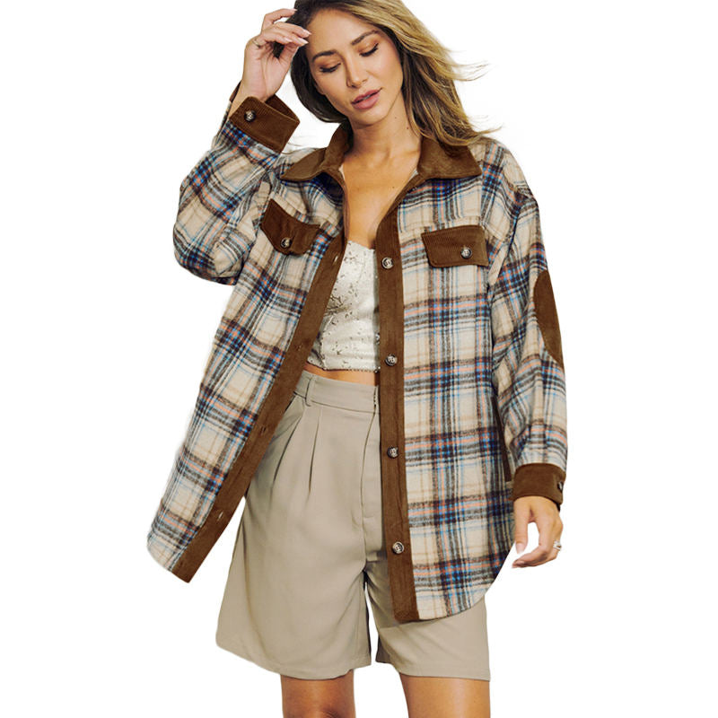 Beakey Womens Corduroy Jacket Plaid Contrast Color Long Sleeve Fall Coat