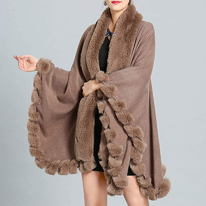 Beakey Womens Faux Fox Fur Trim Cardigan Shawl Oversized Cape-Khaki