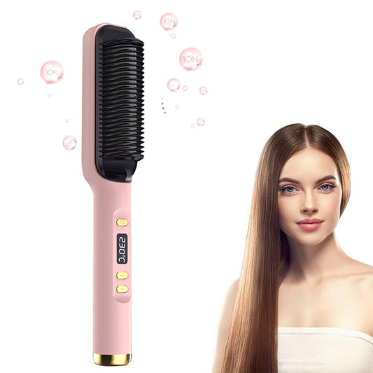 Beakey Hair Straightener Brush with LED Display Anti-Scald PTC Heating-Pink
