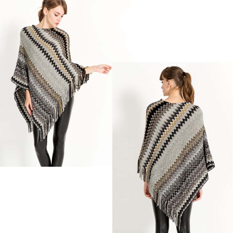 Beakey Womens Stripe Knitted Poncho Top with Tassel-Grey
