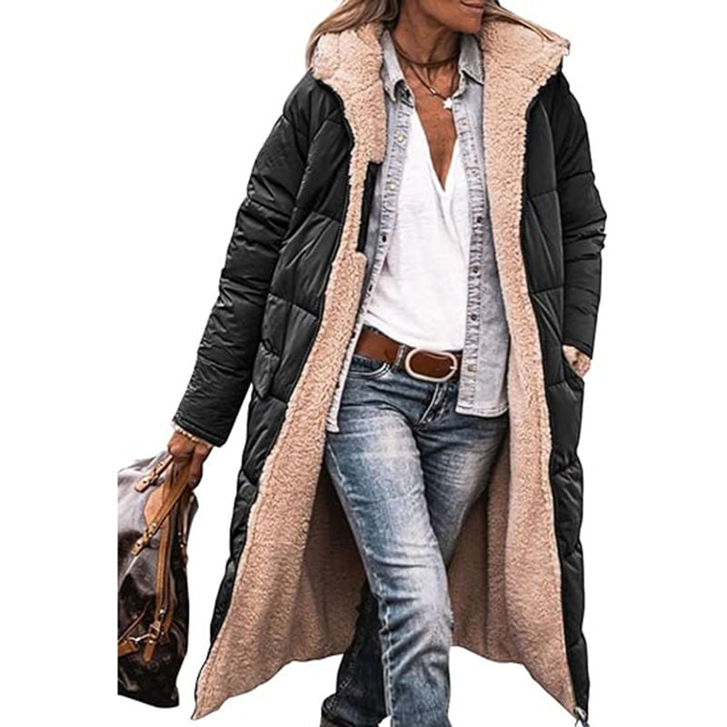 Beakey Womens Long Coats with Hood Fleece Lining Oversized Jackets-Black