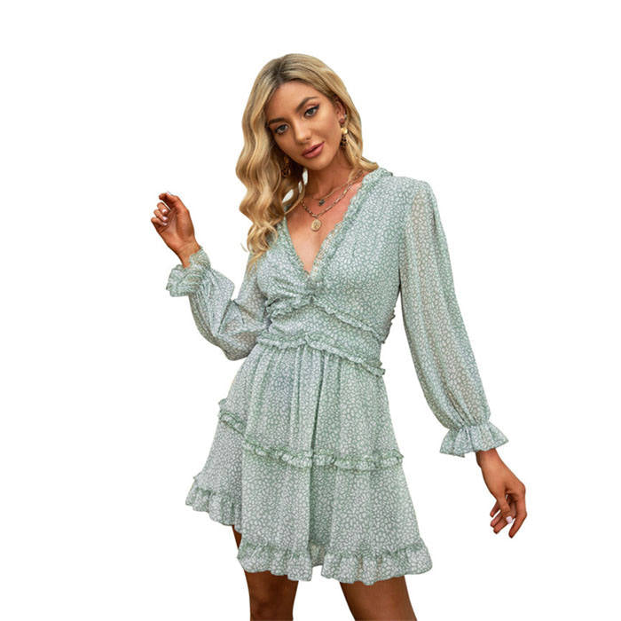 Beakey Womens Spring Summer Deep V Neck Ruffle Long Sleeve Mini Dress-Green-LC220829-1