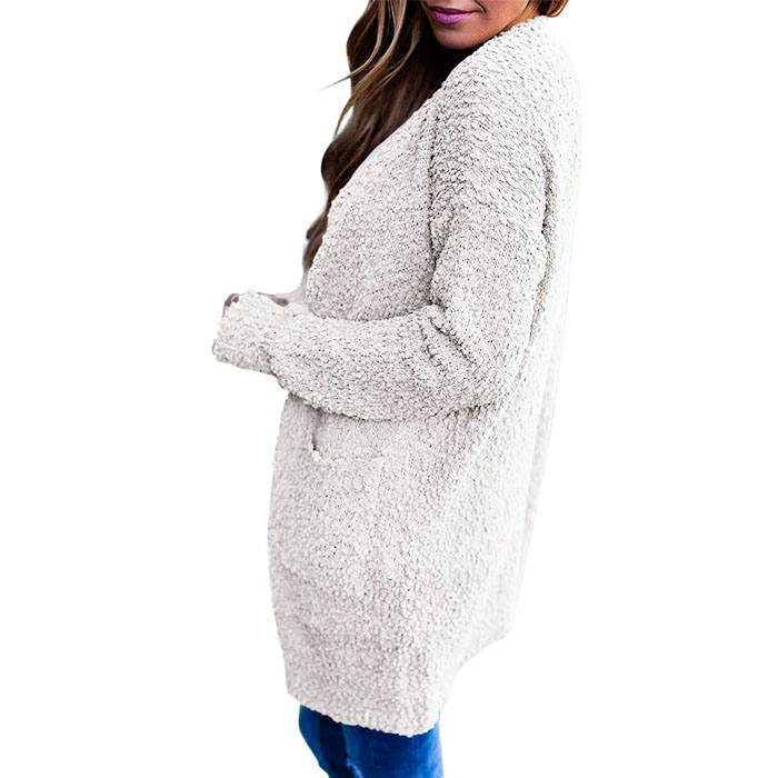 Beakey Women's Winter Long Sleeve Soft Chunky Knit Sweater Cardigan Outwear-White-YL1305