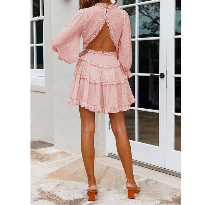 Beakey Womens Spring Summer Deep V Neck Ruffle Long Sleeve Mini Dress-Pink-225781