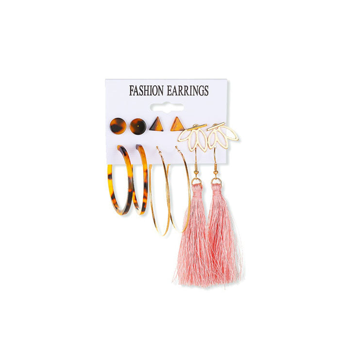 Beakey 6 Pairs Fashion Earrings Set with Tassel Dangle Hoop Earrings Colorful Statement Earrings Studs-(Style 2)