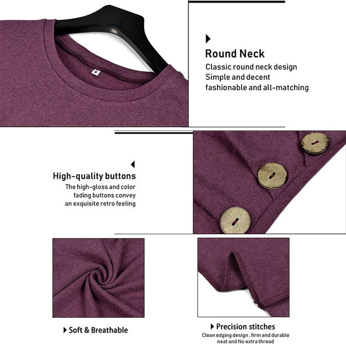 Beakey Women's Casual Long Sleeve Round Neck Loose T Shirt Blouse Tops-Wine Red-88041