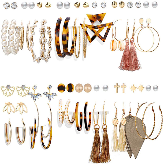 Beakey 36 Pairs Fashion Tassel Earrings Set Bohemian Hoop Stud Drop Dangle Earrings Leather Leaf Earrings-A set