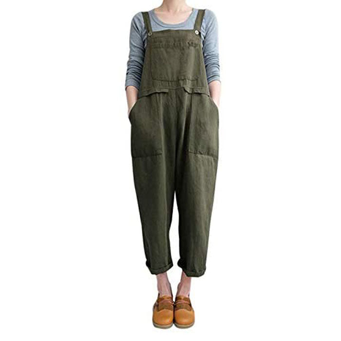 Beakey Women's Casual Baggy Cotton Linen Jumpsuit Overalls With Pockets-Green-5859