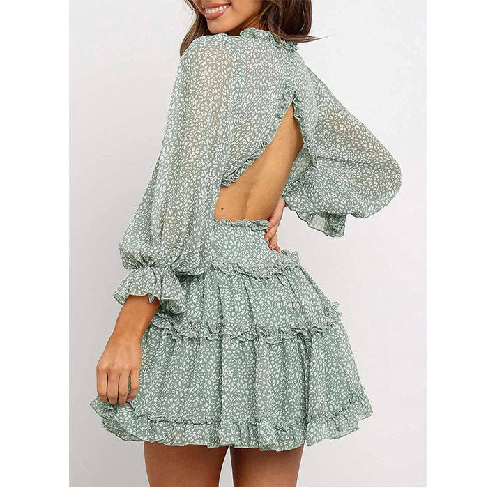 Beakey Womens Spring Summer Deep V Neck Ruffle Long Sleeve Mini Dress-Green-LC220829-1
