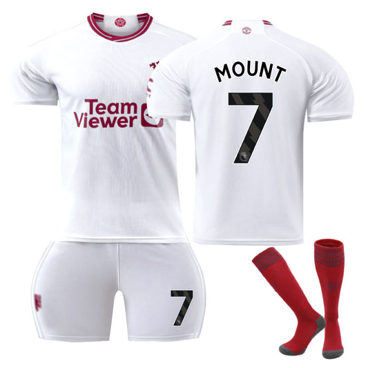 Beakey Red Devil Man Utd Second Away Jersey MOUNT #7 Soccer Jersey Kids Adult 3Pcs Jersey Kits