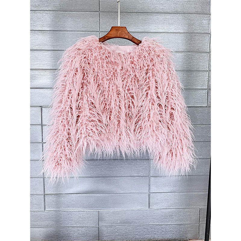 Beakey Womens Shaggy Faux Fur Outwear Short Thermal Coat-Pink