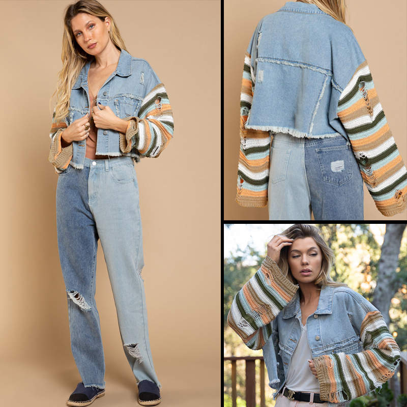 Beakey Womens Patchwork Denim Jacket Rainbow Knit Long Sleeve Crop Coat-Blue