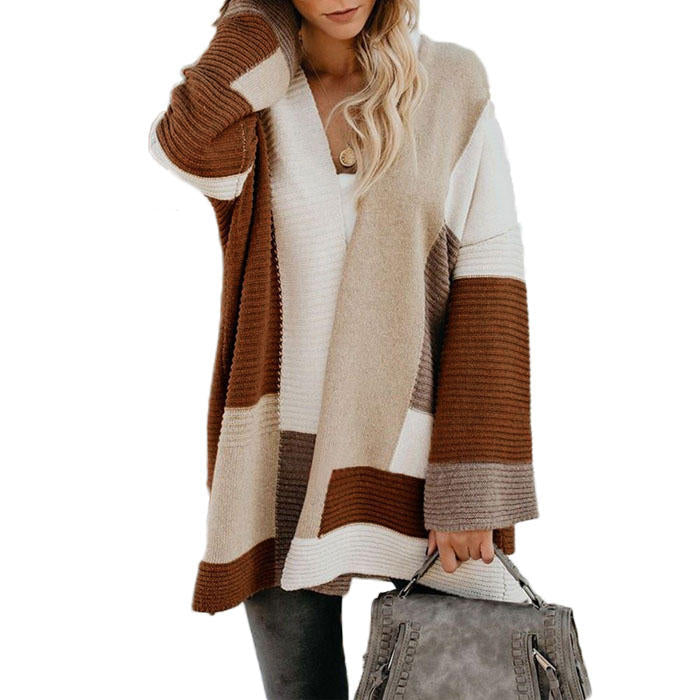 Beakey Womens Color Block Cardigan Open Front Sweaters Loose Knit Casual Coat-Caramel-AL6009