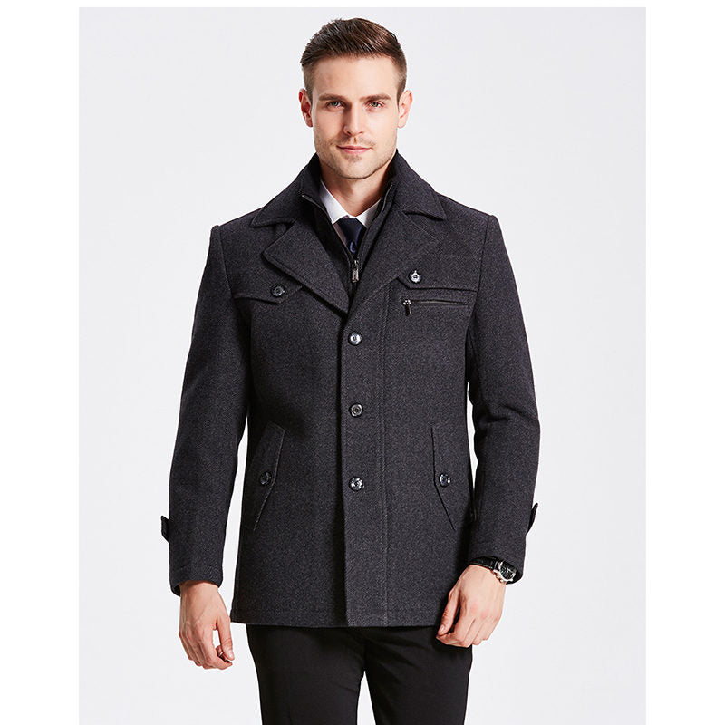 Beakey Mens Pea Coat Wool Blend Single Breasted Overcoat for Winter-Dark Grey