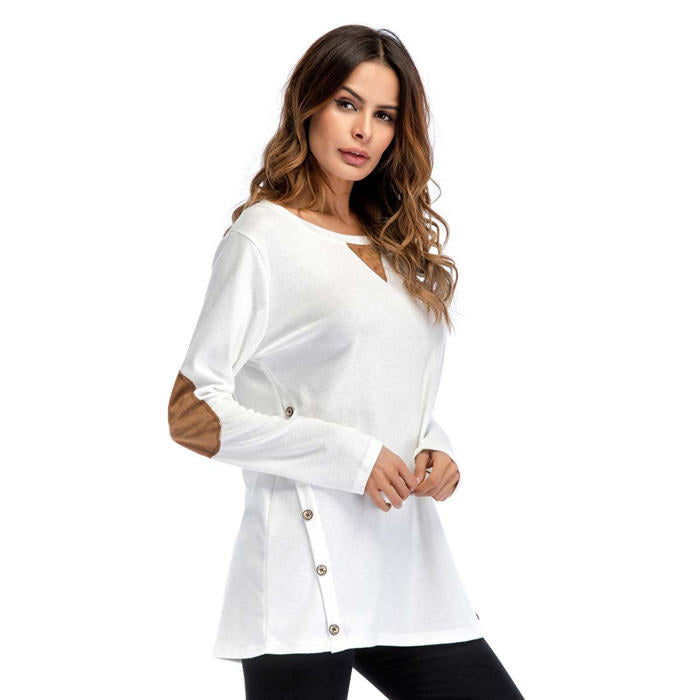 Beakey Women's Long Sleeve Double-breasted Buttons Casual Blouse Tunic Shirt Tops-White-1025