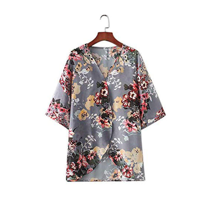 Beakey Women's Summer Floral Print Kimonos Loose Half Sleeve Chiffon Cardigan Blouses Casual Cover Up - Dark Gray
