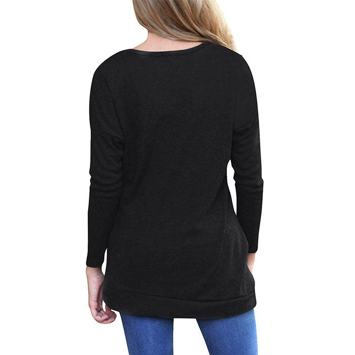 Beakey Women's Casual Long Sleeve Round Neck Loose T Shirt Blouse Tops-Black-88041