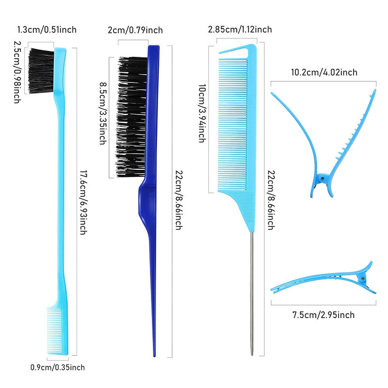 Beakey 12 Pieces Hair Brush Set Nylon Teasing Hair Brushes Rat Tail Combs with Duckbill Clips for Women-Blue