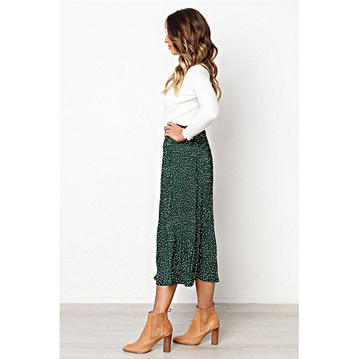 Beakey Womens High Waist Skirt Polka Dot Pleated Midi Maxi Swing Skirt High Elastic-Green-0387