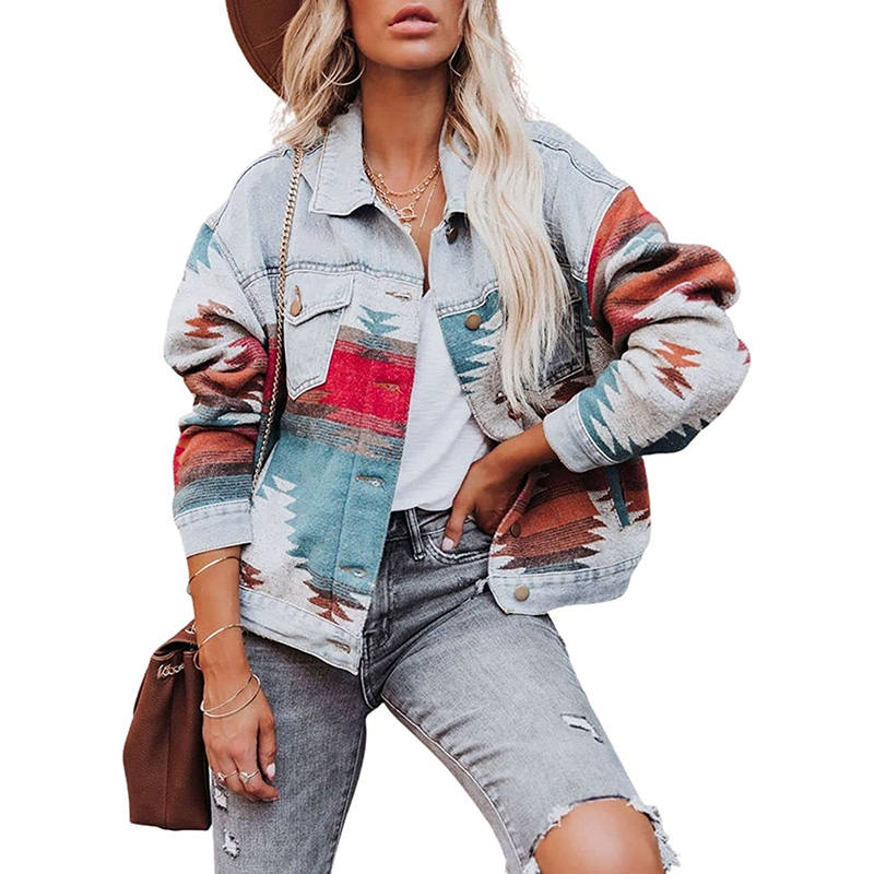 Beakey Womens Cropped Denim Jacket Aztec Print Vintage Casual Coat-LightBlue