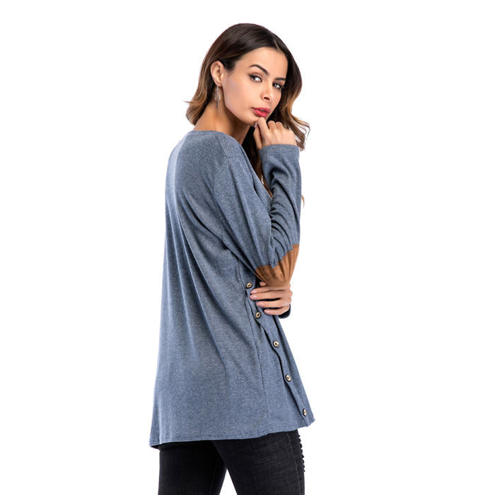 Beakey Women's Long Sleeve Double-breasted Buttons Casual Blouse Tunic Shirt Tops-Denim Blue-1025