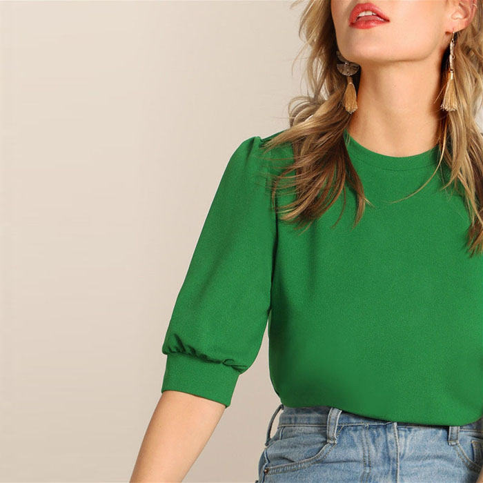Beakey Women's Unique Puff Sleeve Casual Solid Top Pullover Keyhole Back Blouse-Green-8821