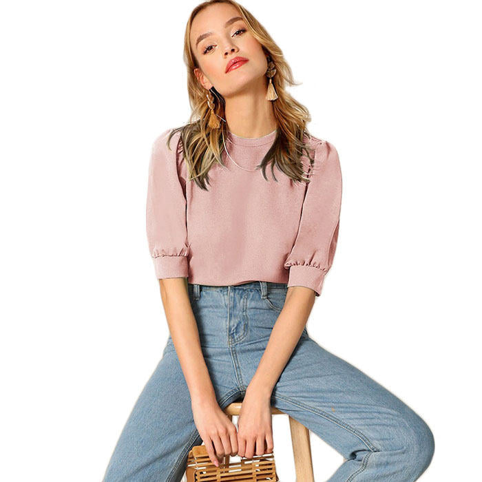 Beakey Women's Unique Puff Sleeve Casual Solid Top Pullover Keyhole Back Blouse-Pink-8821