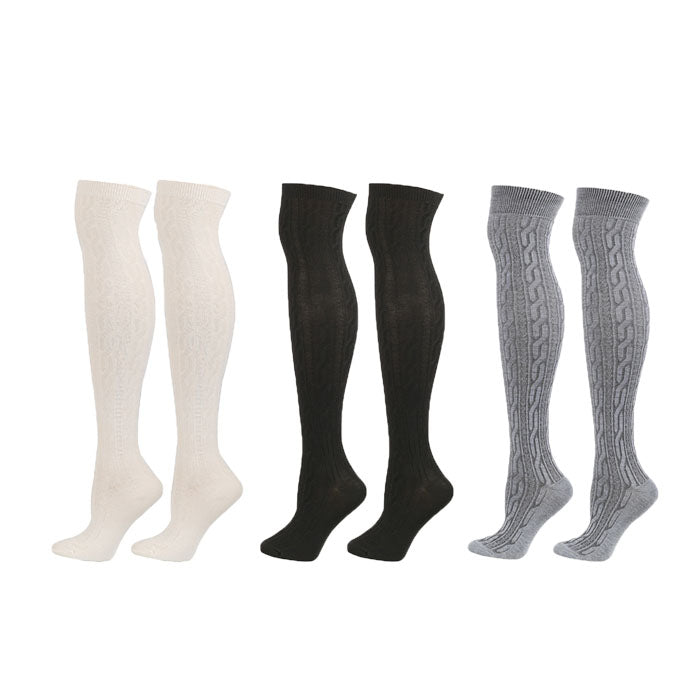 Beakey 3Packs Women Extra Long High Socks Knit Warmers Thick Tall Long Boot Stockings Leg-WhiteBlackGray