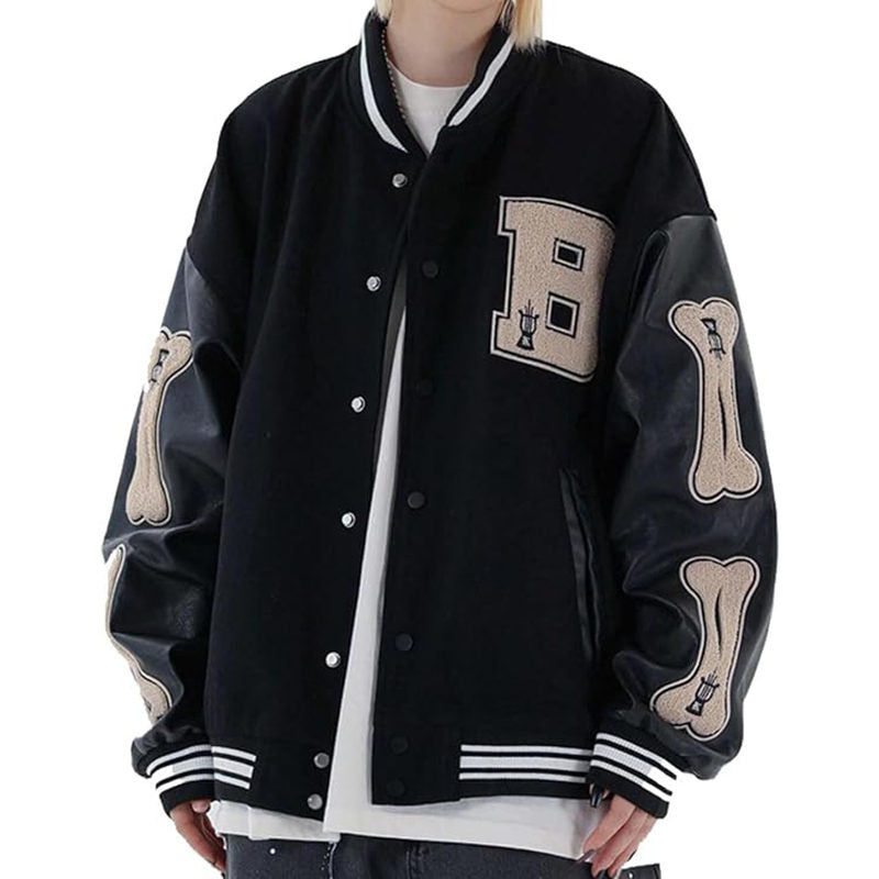 Beakey Unisex Varsity Jacket Stitched Leather Oversized Coat with Patch-Black