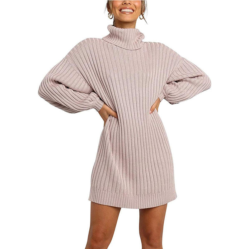 Beakey Womens Turtleneck Loose Sweater Dress Soft Winter Pullover Dress-Pink