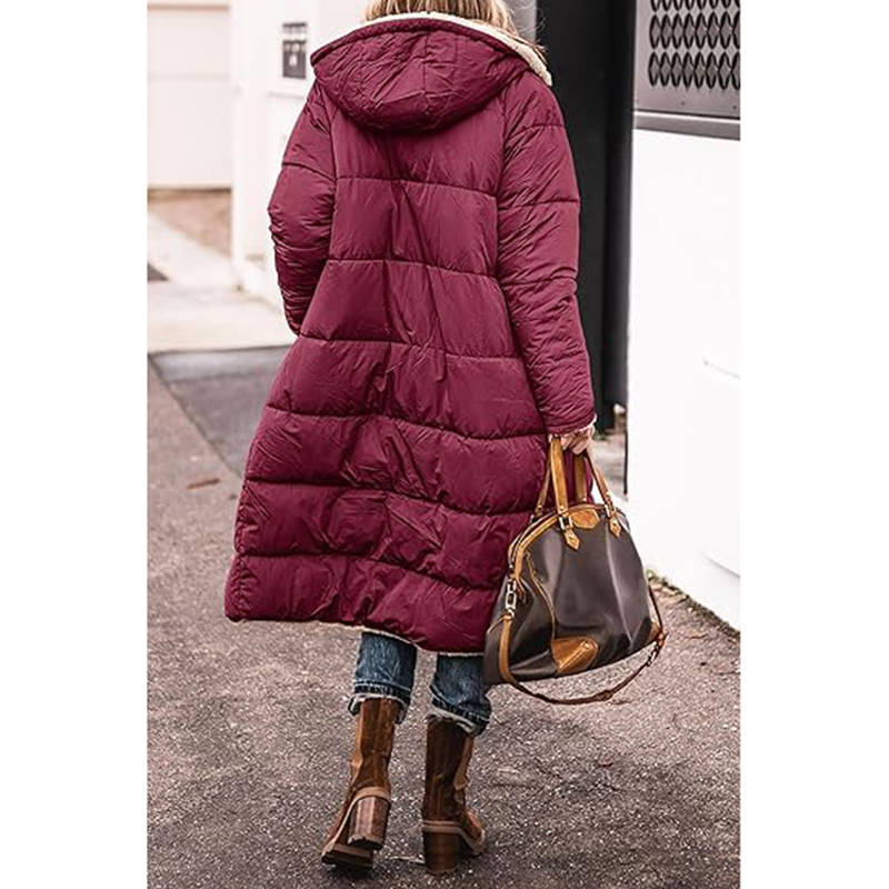 Beakey Womens Long Coats with Hood Fleece Lining Oversized Jackets-Wine Red