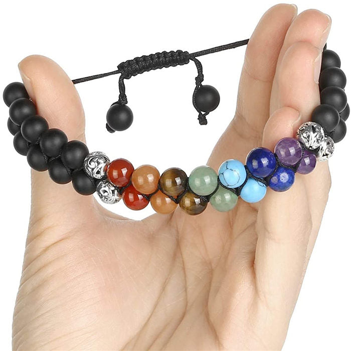 Beakey Bead Bracelet 7 Chakras Healing Crystals Bracelet Stone Beads Double Layer Bracelets-Matte Black Agate Bracelet