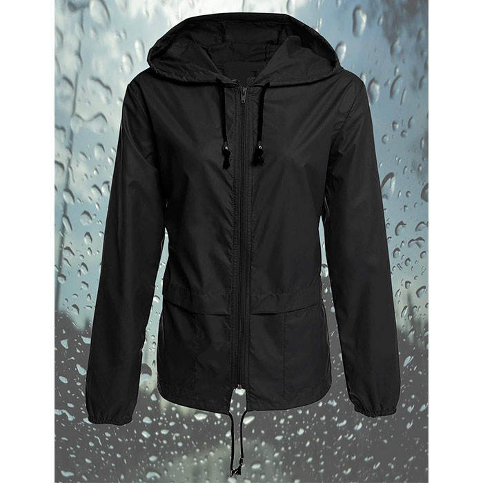 Beakey Women Lightweight Waterproof Raincoat Packable Outdoor Hooded Windbreaker-Black-AL1064
