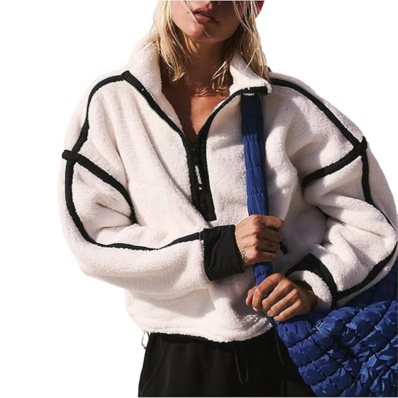 Beakey Womens Fleece Sweatshirts Half Zip Workout Crop Tops with Pockets-White