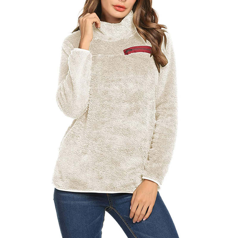 Beakey Womens Turtleneck Sweatshirt Winter Faux Fuzzy Sherpa Pullover-Light Apricot