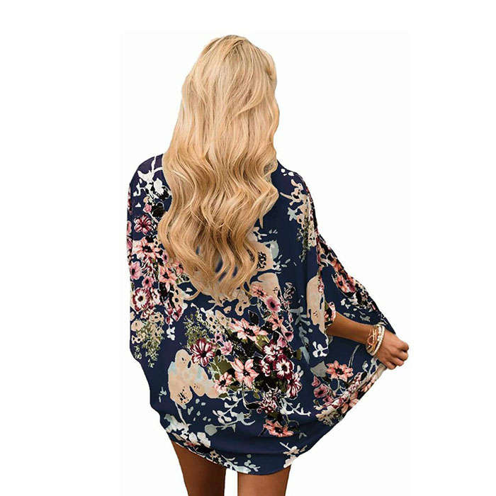 Beakey Women's Summer Floral Print Kimonos Loose Half Sleeve Chiffon Cardigan Blouses Casual Cover Up - Navy