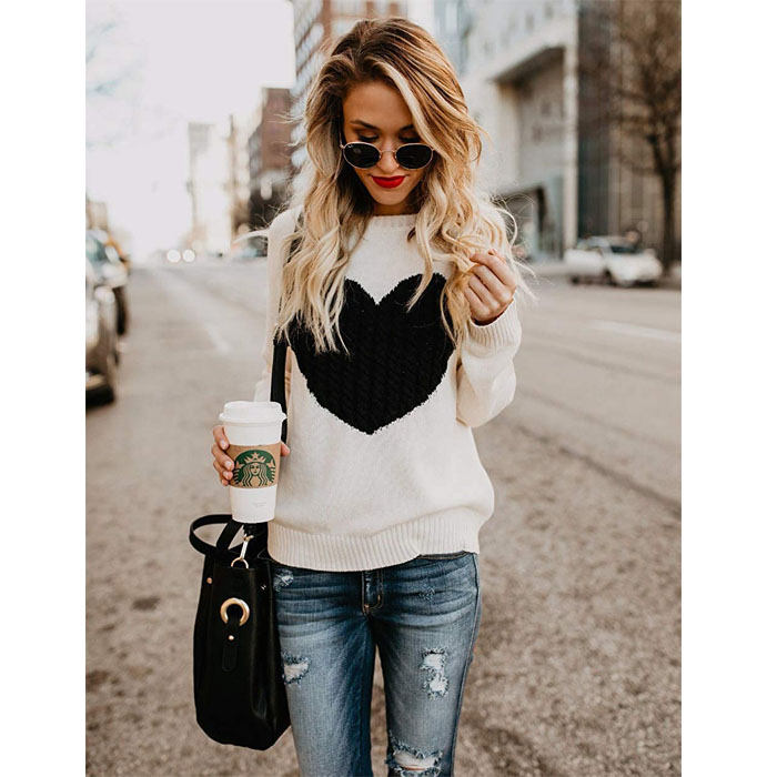 Beakey Women Cute Sweaters Heart Crewneck Long Sleeve Knitted Pullover Sweater-Apricot-118004