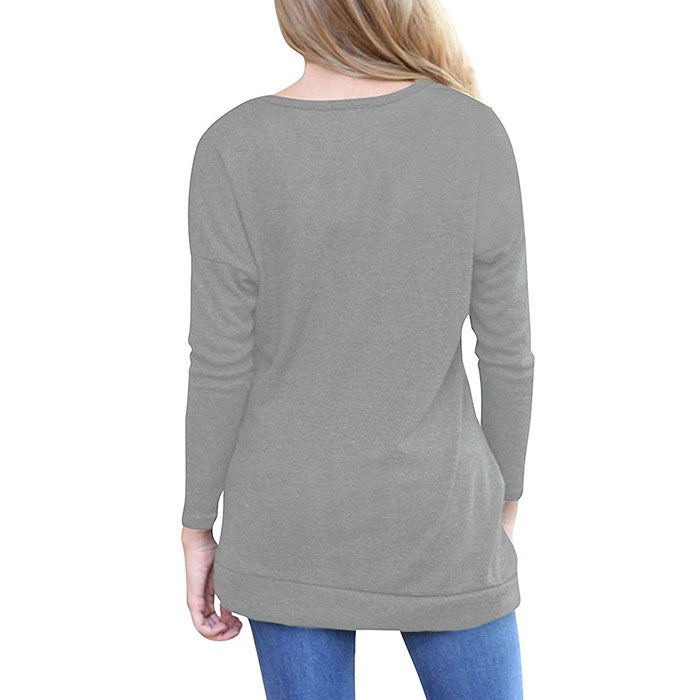 Beakey Women's Casual Long Sleeve Round Neck Loose T Shirt Blouse Tops-Light Gray-88041
