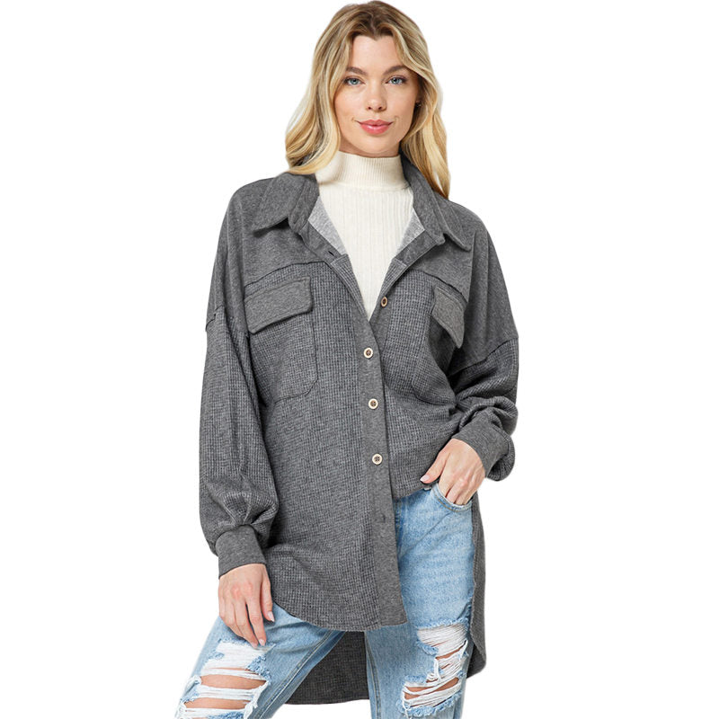 Beakey Womens Waffle Shirts Button Down Long Sleeve Oversized Blouse
