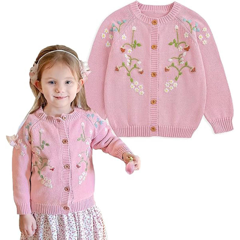 Beakey Toddlers Girls Sweater Embroidered Strawberry Knitted Cardigan-Pink