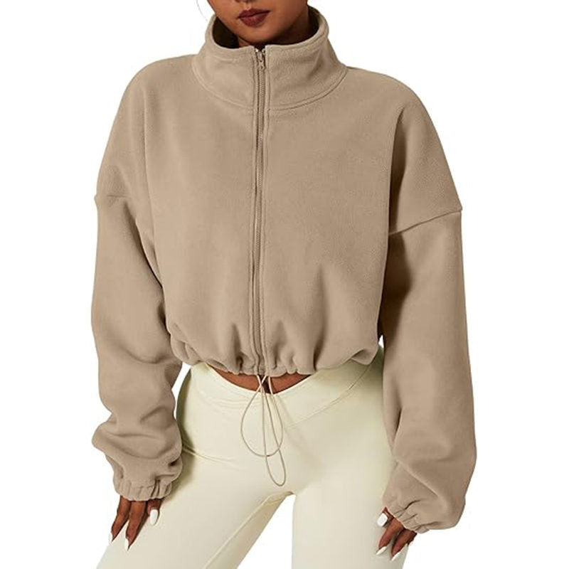 Beakey Womens Fleece Crop Jacket Full Zip Stand Collar Winter Coat-Oatmeal