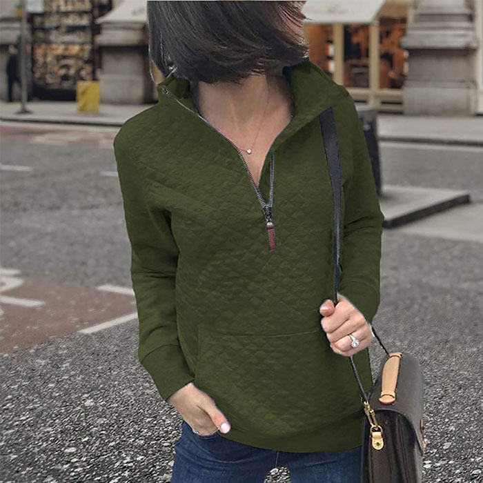 Beakey Women 1/4 Zipper Long Sleeve Plain Casual Sweatshirts Pullovers Shirts Tops-Army Green